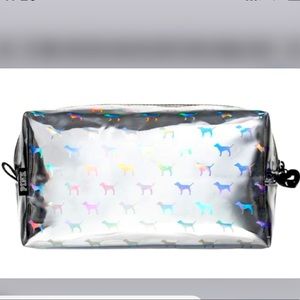 Victoria’s Secret PINK silver metallic Holographic Dog makeup bag pink bag case